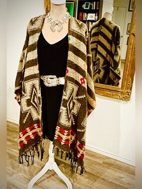 SouthWestern Aztec Western Rodeo Wrap Poncho with Fringe One Size Fits Most